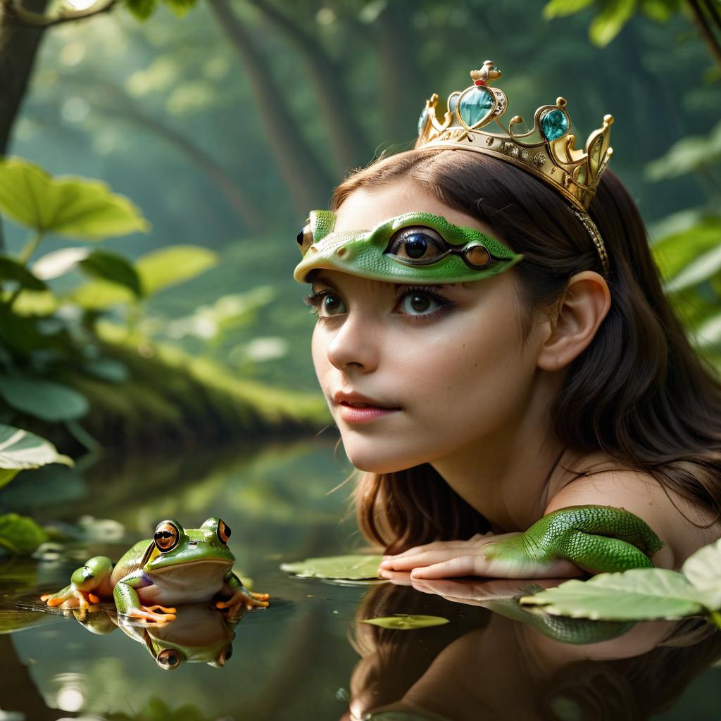  cinematic photo abage from the kingdom of curved mirrors proposes to the frog princess. . 35mm photograph, film, bokeh, professional, 4k, highly detailed, civitai, on parchment