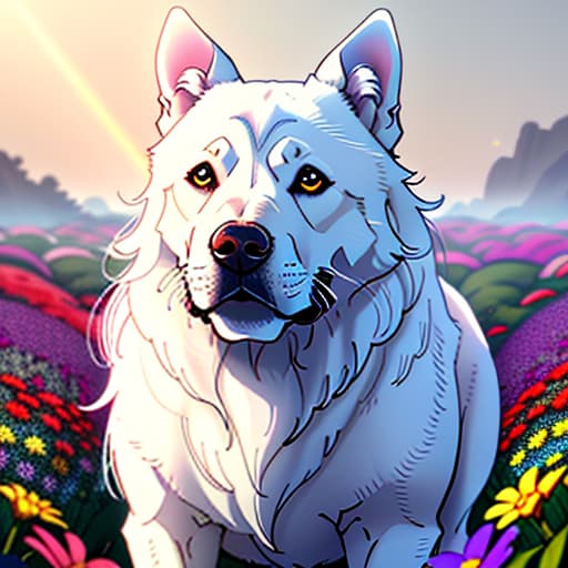  a dog on a white background in rainbow flowers hyperrealistic, full body, detailed clothing, highly detailed, cinematic lighting, stunningly beautiful, intricate, sharp focus, f/1. 8, 85mm, (centered image composition), (professionally color graded), ((bright soft diffused light)), volumetric fog, trending on instagram, trending on tumblr, HDR 4K, 8K