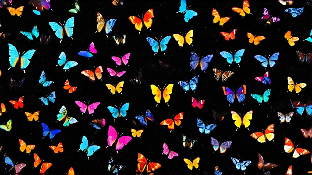  professional detailed photography, multicolored butterflies on a black background ar 16:9, (muted colors, dim colors, soothing tones), (vsco:0.3)