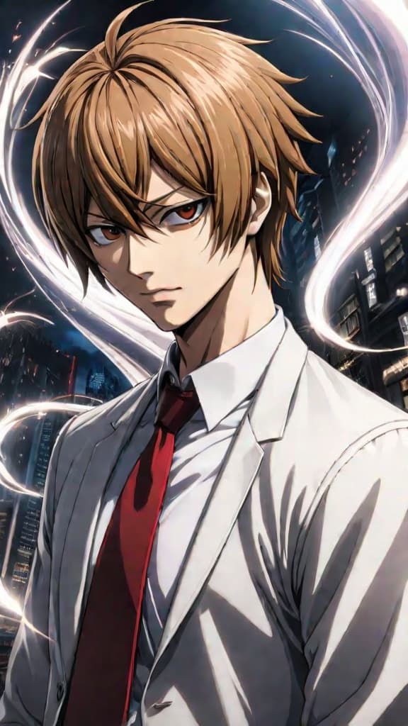  light yagami from death note surrounded by swirling memories transferring to him from another person, anime art hyperrealistic, full body, detailed clothing, highly detailed, cinematic lighting, stunningly beautiful, intricate, sharp focus, f/1. 8, 85mm, (centered image composition), (professionally color graded), ((bright soft diffused light)), volumetric fog, trending on instagram, trending on tumblr, HDR 4K, 8K