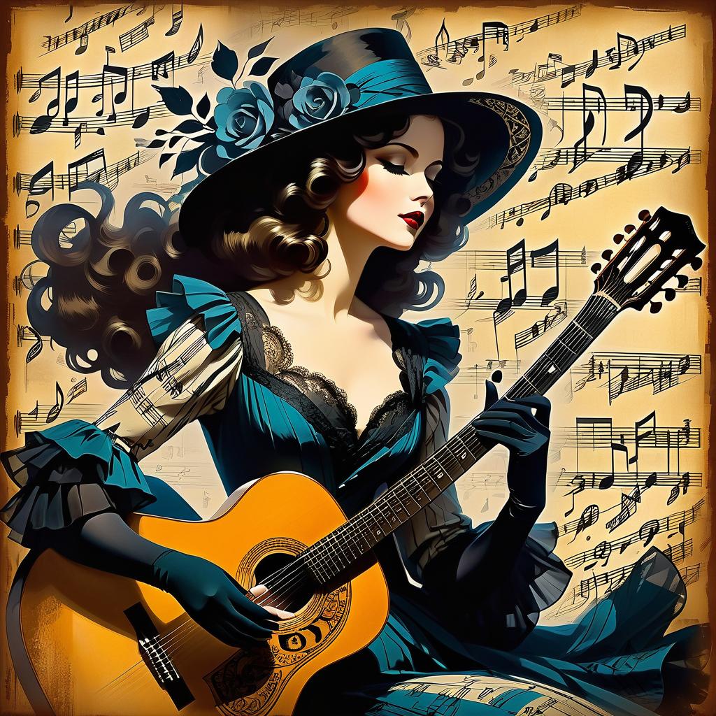  collage style a 19th century woman with a guitar. . musical notes, very beautiful, cinematic, calligraphic lines. rolf armstrong, darkness, creepy, mysterious, modern vintage, rich deep colors, boho style, beautiful patterns, illustrations in the style of peter sokolov . mixed media, layered, textural, detailed, artistic