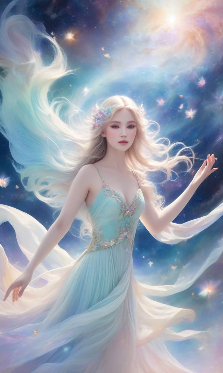  magical fantasy, ethereal character, dissolving in the flow of space and time, airy colors, pastel tones,