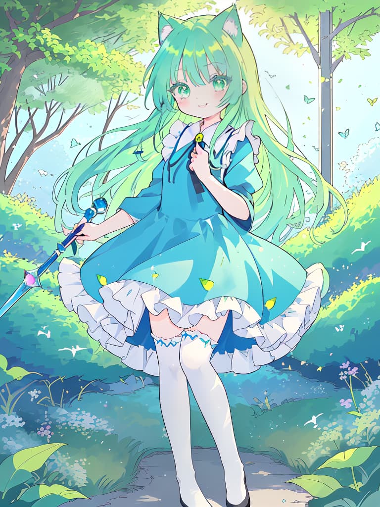  ((masutepiece,best quality: 1.1),((anime girl in blue dress with magic wand)),art nouveau、anime cat girl in a maid costume,lori,((green hairs))、the long haired、((shining jewel like eyes long eyelashes transparency))、very beautiful anime cat girl,anime catgirl,((white knee highs)),attractive cat girl,inspired by leiko ikemura,aya takano color style,in ryuuou no oshigoto art style,cat girl,touhou character,rei hiroe、with a smile