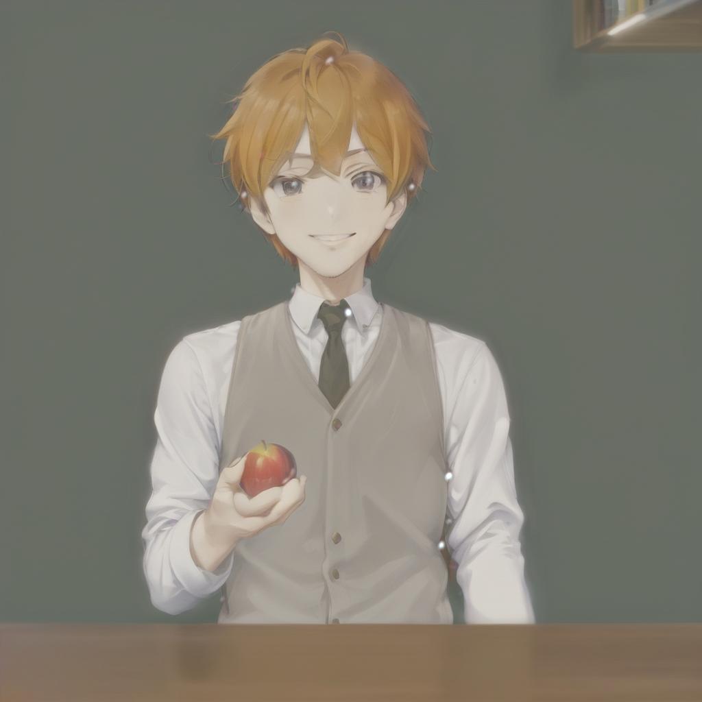  anime artwork picture the guy in the library. he's holding an apple, and behind him is a book rack, and he's smiling awkwardly and holding an apple . anime style, key visual, vibrant, studio anime, highly detailed, civitai