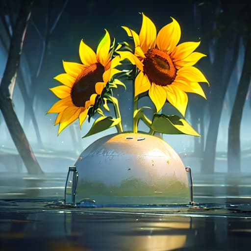  (A sunflower surrounded with water tin a serene forest ), anime, highly detailed, 4k, high quality, trending on art station hyperrealistic, full body, detailed clothing, highly detailed, cinematic lighting, stunningly beautiful, intricate, sharp focus, f/1. 8, 85mm, (centered image composition), (professionally color graded), ((bright soft diffused light)), volumetric fog, trending on instagram, trending on tumblr, HDR 4K, 8K