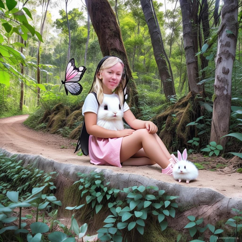  leave the face of the girl in the original photo. the girl has big beautiful butterfly wings behind her. the forest in the background should be fabulous. to the right of the girl is a cute white rabbit and a white hedgehog.