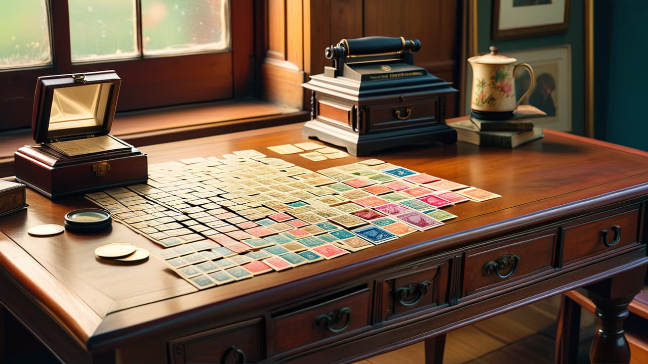  an antique wooden desk cluttered with vintage stamps, a magnifying glass, and a stamp album. natural light filters through a nearby window, illuminating the intricate designs and colors of the stamps, evoking a sense of nostalgia. hyperrealistic, full body, detailed clothing, highly detailed, cinematic lighting, stunningly beautiful, intricate, sharp focus, f/1. 8, 85mm, (centered image composition), (professionally color graded), ((bright soft diffused light)), volumetric fog, trending on instagram, trending on tumblr, HDR 4K, 8K