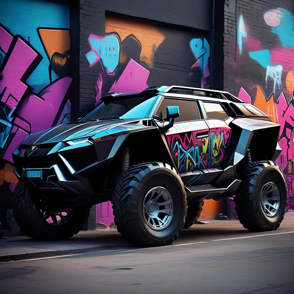  graffiti style retro futuristic, black, brutal suv, reminiscent of the lamborghini lm 002 . street art, vibrant, urban, detailed, tag, mural