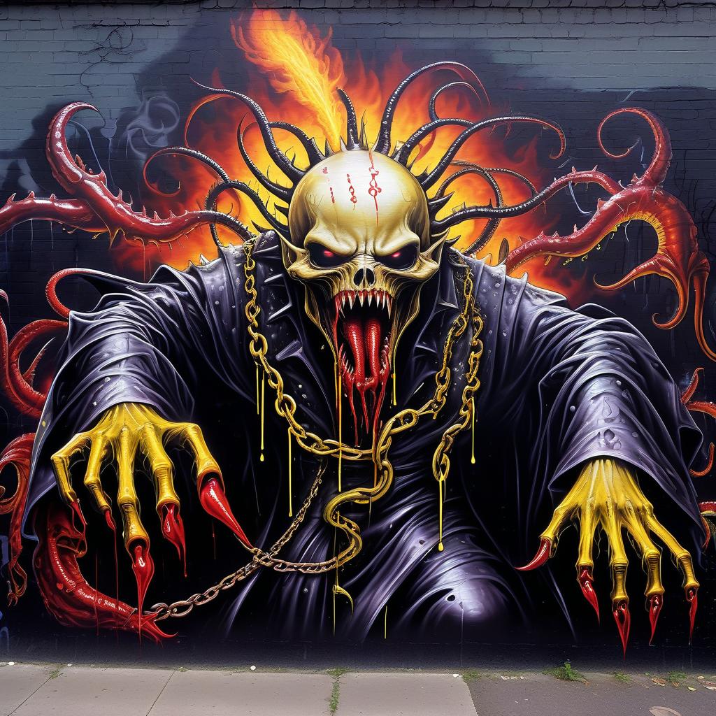  graffiti style лавкрафт whisper giger hellraiser flesh eater demon lurking and eyeless white with red drops flowing black mucus in yellow smoke sharp claws and toothy mouths tentacles with wrapped around a thin body in beautiful priest robes sparks and a chain of fire . street art, vibrant, urban, detailed, tag, mural