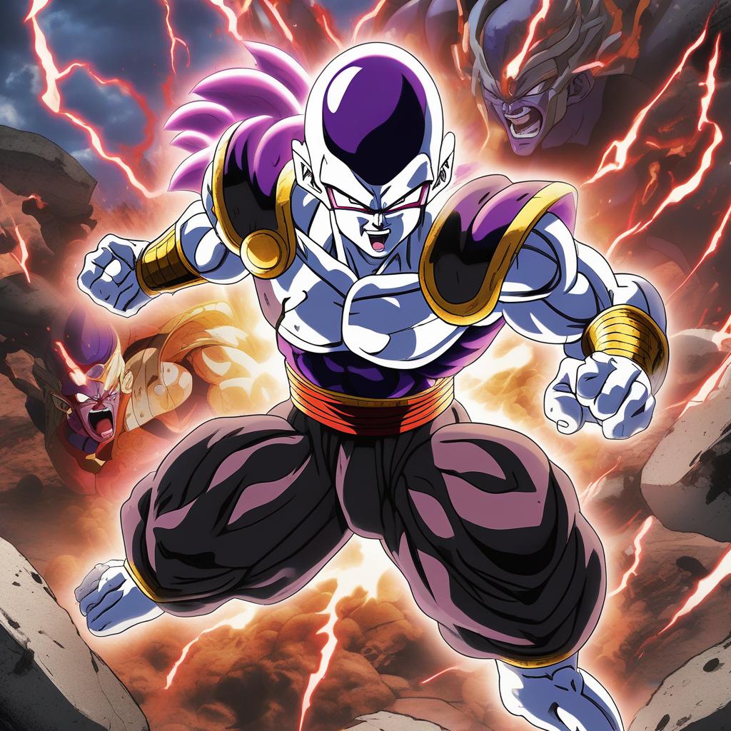  masterpiece, best quality, Black Frieza, with his menacing purple and white armor, clashes with Goku in his Ultra Instinct form, surrounded by swirling energy and debris from their powerful attacks. The battlefield is a desolate wasteland with cracked earth and ominous storm clouds looming overhead. The mood is intense, showcasing the fierce rivalry and epic battle unfolding before them. Style: Dynamic anime action with detailed character designs and vibrant energy effects. Realization: CGI rendering with high-quality textures and lighting to capture the dramatic showdown between the two powerful warriors.