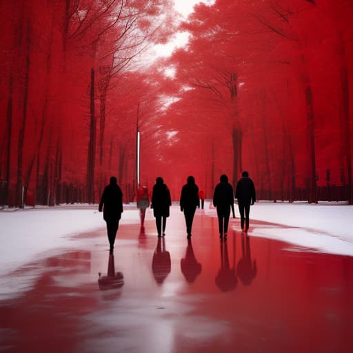  a group of people walk on a red surface