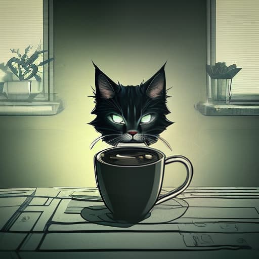 nvinkpunk anton semenov, an anthropomorphic mysterious cat, a black cat of the maine coon breed, shiny black coat, piercing eyes :1. 2), drinks coffee from a beautiful coffee cup, long graceful fingers, cozy, kitchen, homely and surreal atmosphere, soft, cozy lighting, homely, kitchen relaxing atmosphere, swirling steam on a cup, light luminescence, complex details on tea leaves, cup design, complex, elaborate textures, complex textures, soothing emotions, soothing emotions.