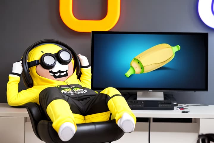  a cartoonish banana wearing a stylish hoodie, sitting comfortably in a modern gaming chair. the banana is wearing oversized headphones, fully immersed in an exciting video game. the room is dimly lit with led lights creating a vibrant gaming atmosphere, featuring a large screen displaying a colorful game. the banana has a cheerful expression, embodying the fun and thrill of gaming, surrounded by gaming accessories like a controller and snacks.