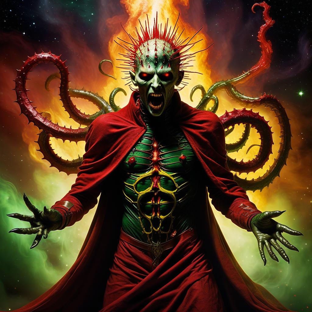  space themed demon hellraiser bloodsucker pretends to be a saint wrapped in a red blanket of wounds strewn with spines of blades mucus in yellow and green smoke fire and sparks of tentacle ring claws scream and horror . cosmic, celestial, stars, galaxies, nebulas, planets, science fiction, highly detailed