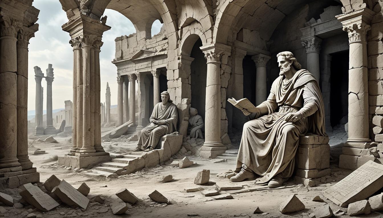  on parchment, surrealism+++, crumbling statues, cracked and broken, amidst an ancient ruin, consequences visible, abandoned and desolate(mysterious, provocative, symbolic,muted color)+++