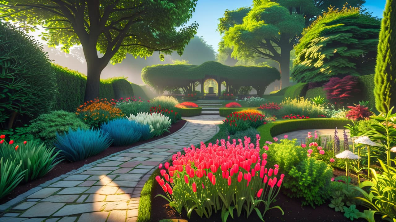  a vibrant garden layout featuring a mix of colorful flower beds, neatly arranged vegetable patches, winding pathways, and a cozy seating area surrounded by lush greenery, all under a bright blue sky. hyperrealistic, full body, detailed clothing, highly detailed, cinematic lighting, stunningly beautiful, intricate, sharp focus, f/1. 8, 85mm, (centered image composition), (professionally color graded), ((bright soft diffused light)), volumetric fog, trending on instagram, trending on tumblr, HDR 4K, 8K