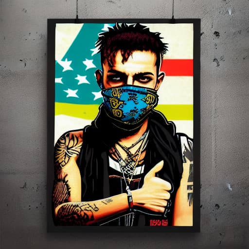  arafed image of a man with a blue bandana covering his face, kid a, capitol riot, punk art, style of shepherd fairey, islandpunk, raised fist, art cover, style of banksy, flag in hands up, techno punk, reallism, wlop |, industrialpunk papier colle, propaganda print, (ukrainian symbols)