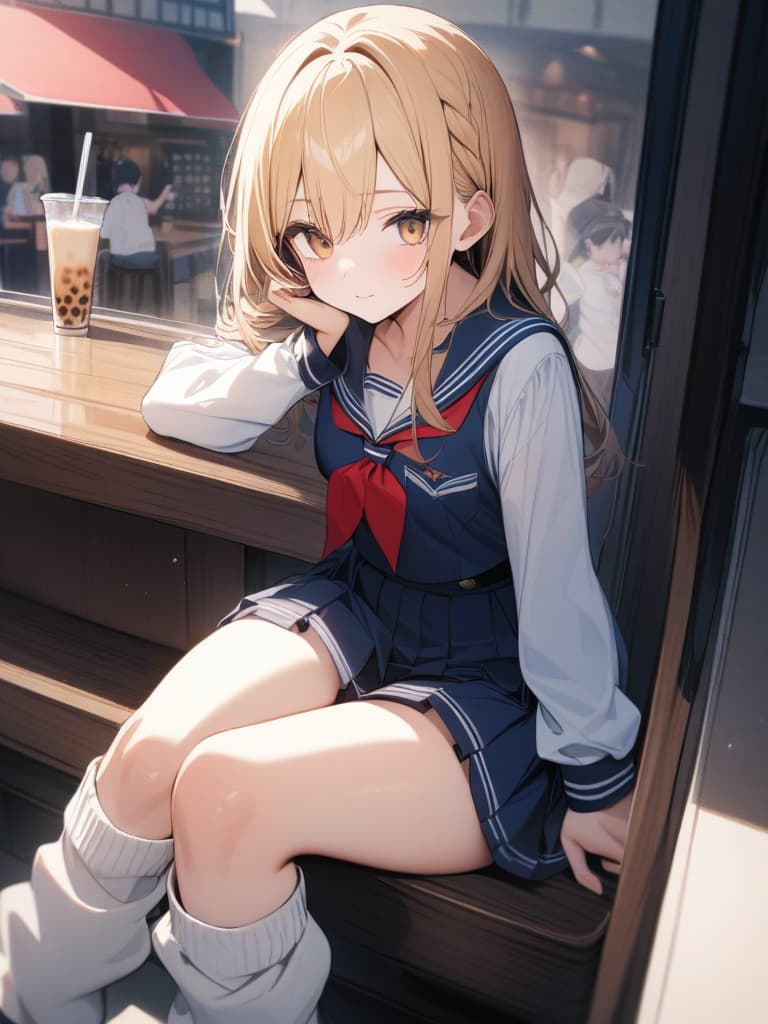  junior high school students, loose socks, sailor uniforms, loafers, blonde, tapioca milk tea, beige eyes, girls, cafes, masterpiece, best quality,8k,ultra detailed,high resolution,an extremely delicate and beautiful,hyper detail