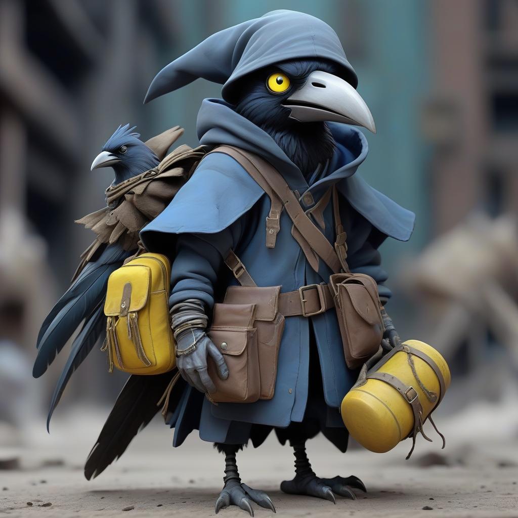  dystopian style black with blue tint avian humanoid race kenku with crow head alchemist, small beak, crazy yellow eyes, feathers ruffled, wearing travelers rags and leather cloak with lots of pockets, has big backpack with pockets, holding a homemade round bomb . bleak, post apocalyptic, somber, dramatic, highly detailed, hkmagic