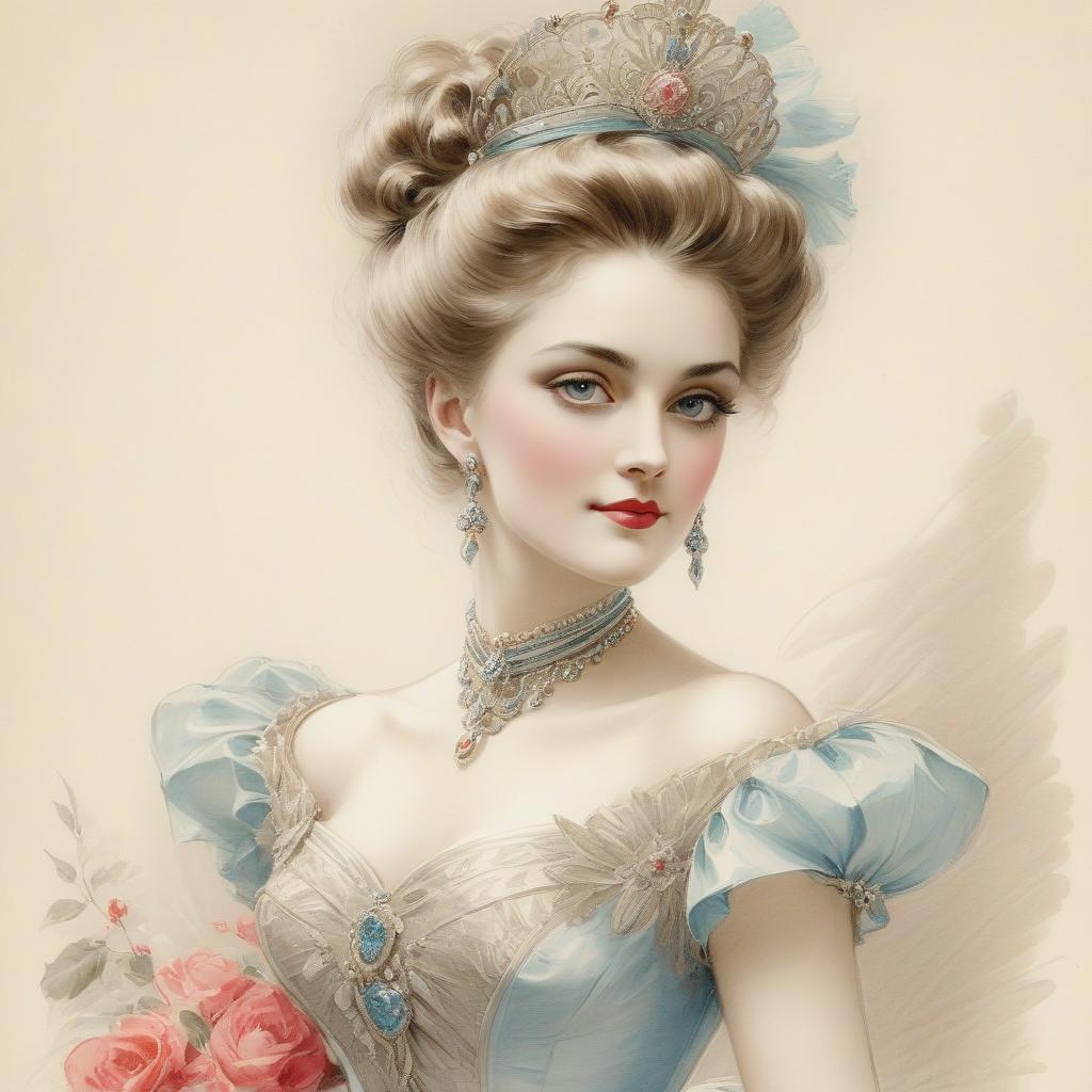  retail packaging style portrait of a beautiful 19th century russian countess, harrison fisher, pencil drawing on paper, intricate details . vibrant, enticing, commercial, product focused, eye catching, professional, highly detailed