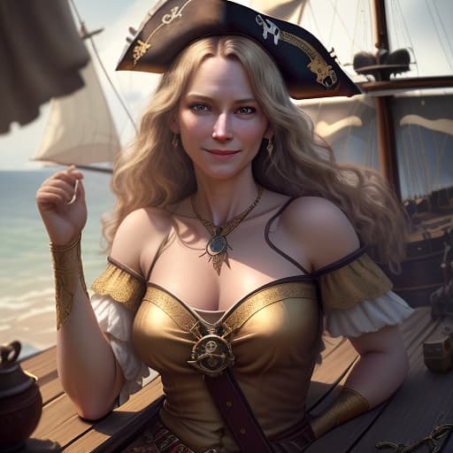  a beautiful, of 30 years on a pirate ship. in a very short gold top and very short white shorts. in a pirate triangle, shooting a gun. fantasy, fairy tale, photorealistic, hyperrealistic, hyperdetailed, analog style, demure, detailed skin, pores, smirk, smiling eyes, matte skin, soft lighting, subsurface scattering, realistic, heavy shadow, masterpiece, best quality, ultra realistic, 8k, golden ratio, intricate, high detail, film photography, soft focus