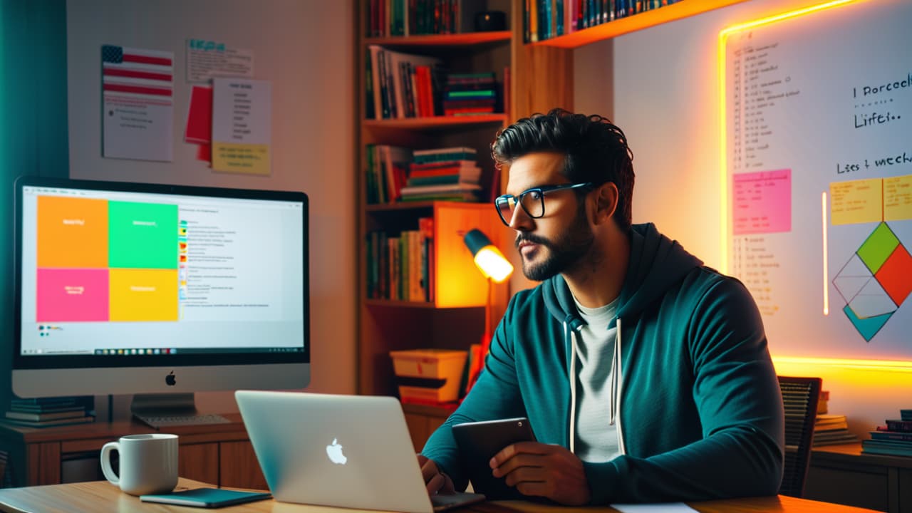  a cozy home study with a student engaging in a video call on a laptop, colorful educational materials scattered around, a whiteboard filled with diagrams, and a friendly tutor visible on the screen. hyperrealistic, full body, detailed clothing, highly detailed, cinematic lighting, stunningly beautiful, intricate, sharp focus, f/1. 8, 85mm, (centered image composition), (professionally color graded), ((bright soft diffused light)), volumetric fog, trending on instagram, trending on tumblr, HDR 4K, 8K