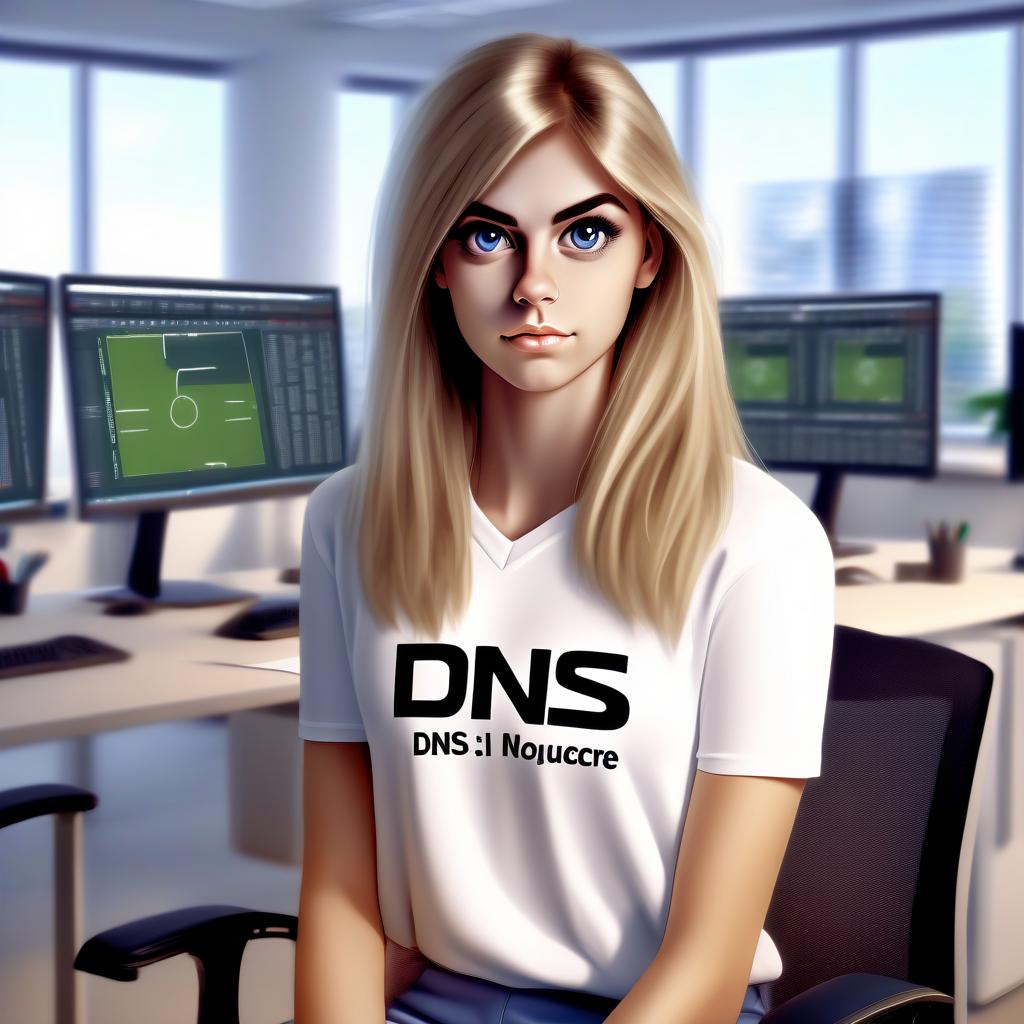  a beautiful girl with blonde hair in a white football with the words "dns", sitting in front of monitors in the office room