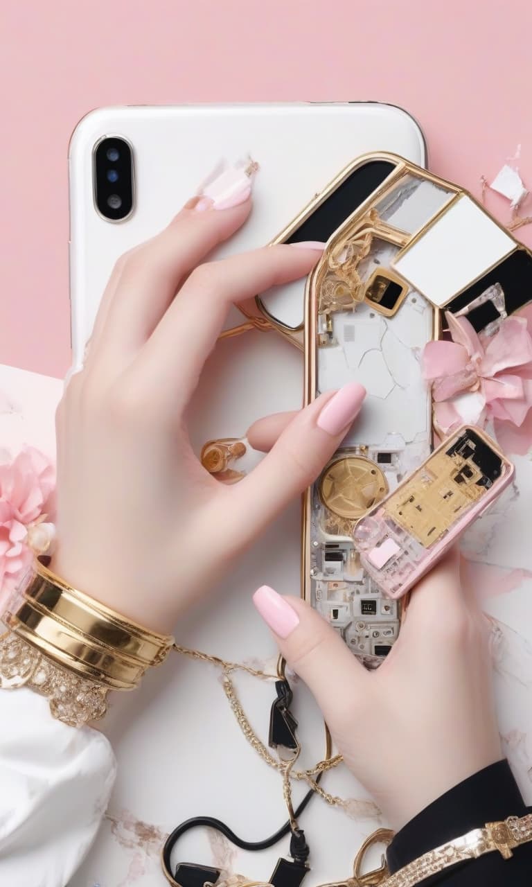  concept art color pink, white, black, gold hand holding the phone broken . digital artwork, illustrative, painterly, matte painting, highly detailed, perfect hands