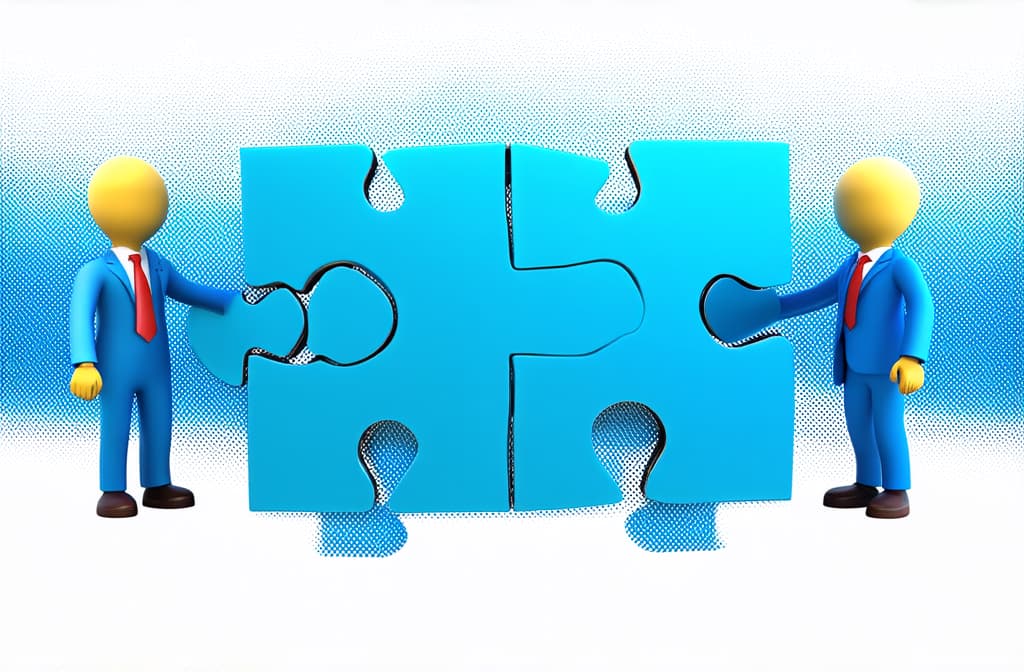  people connecting puzzle pieces. 3d illustration. cartoon characters. business teamwork concept on white background ar 3:2 {prompt}, maximum details