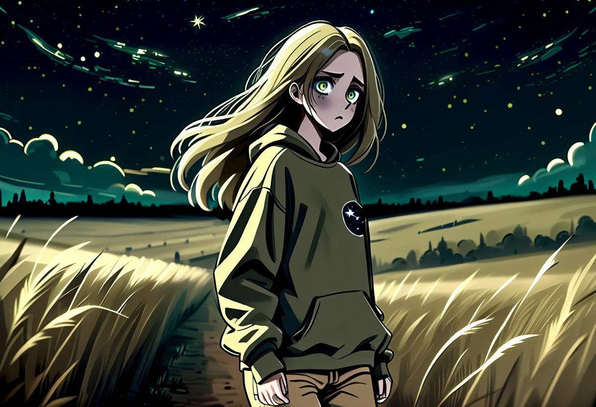  dystopian style a girl in anime style with long hair runs around the field at night dressed in a khaki colored sweatshirt and pants. the girl looks at the starry sky at night with black lower eyelids under the eyes of a specific color full of fear of the unknown and curiosity. . bleak, post apocalyptic, somber, dramatic, highly detailed