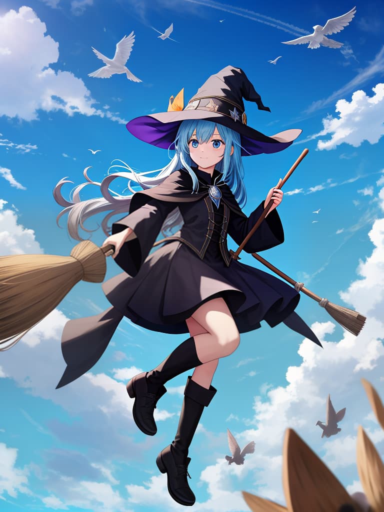  witch: flying on a broom,big sky,blue sky,wide sky,