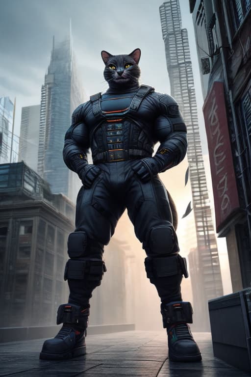  Buff black cat with defined muscles standing on two feet looking sigma in a dystopian city on a roof top hyperrealistic, full body, detailed clothing, highly detailed, cinematic lighting, stunningly beautiful, intricate, sharp focus, f/1. 8, 85mm, (centered image composition), (professionally color graded), ((bright soft diffused light)), volumetric fog, trending on instagram, trending on tumblr, HDR 4K, 8K