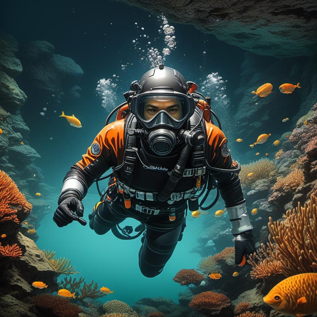  jb name, male, rebreather diver, thick loops, helmet in orange, cave diver, underwater, face view diver, fresh water, shoulder view, jb, comic style, manga and manhwa style, painting style