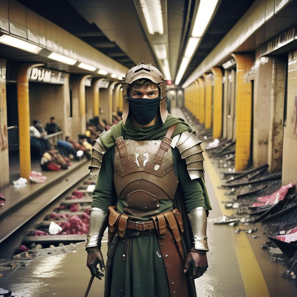  cinematic photo a young guy, the leader of the faction of farmers, all in rags and homemade armor, in a destroyed subway. . 35mm photograph, film, bokeh, professional, 4k, highly detailed, film photography style