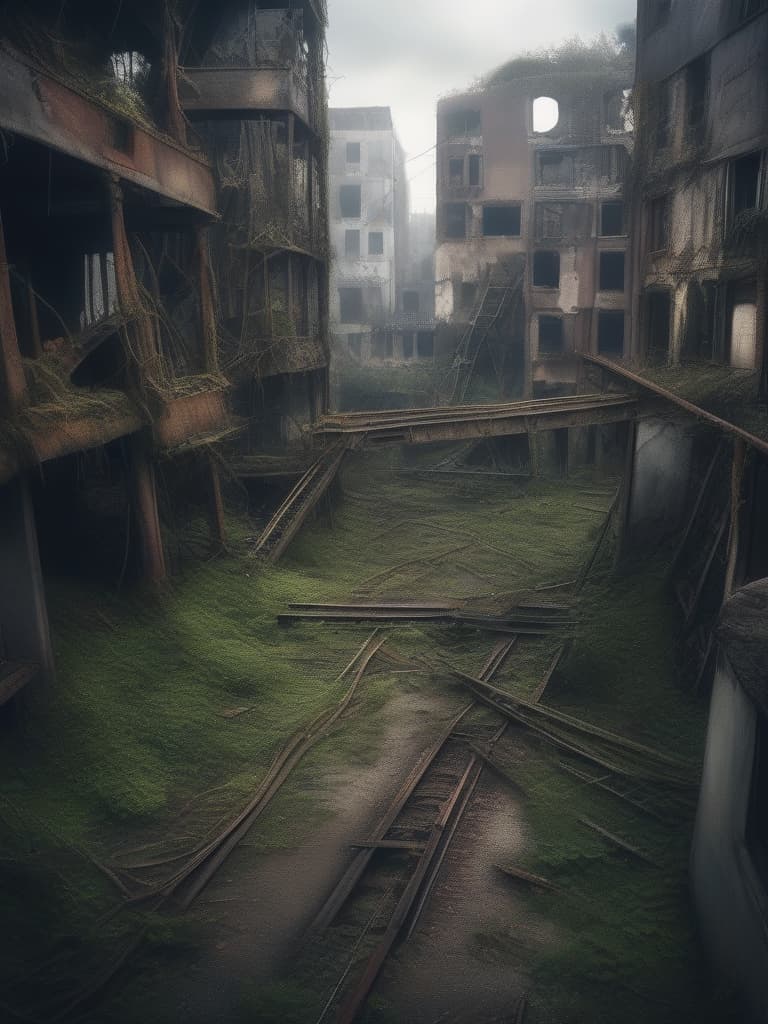  ((background:landscape)){landscape,end of the century:desolate world,destroyed buildings,rusted pylons,broken roads,destroyed bridges🌉,ivy tangled around every man made structure,weeds growing everywhere,devastated cityscape ((distant shot:blur effect))}((super detail))high resolution,absurd,employment,