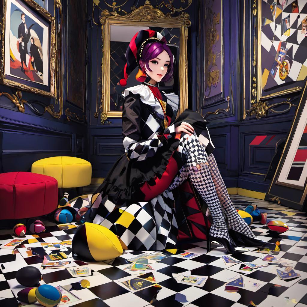  a young woman with a harlequin outfit purple and yellow with black in a dark mirror room sitting on the corner floor broken toys everywhere on the floor, award winning, professional, highly detailed, masterpiece