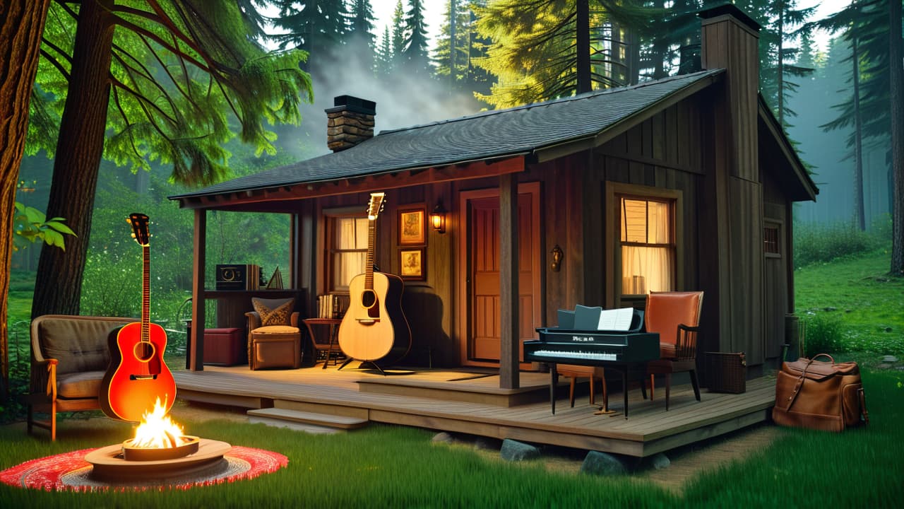  a cozy rustic scene featuring a wooden cabin, a glowing fireplace, a guitar resting against a chair, a vintage record player, and sheet music scattered on a table surrounded by nature. hyperrealistic, full body, detailed clothing, highly detailed, cinematic lighting, stunningly beautiful, intricate, sharp focus, f/1. 8, 85mm, (centered image composition), (professionally color graded), ((bright soft diffused light)), volumetric fog, trending on instagram, trending on tumblr, HDR 4K, 8K