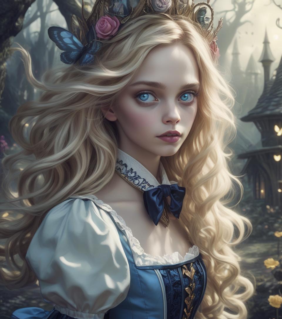  breathtaking beauty, ((portrait)) of twisted ((alice in wonderland)) long flyaway wavy blonde hair, cute, whimsical, intricate, foreboding, audacious detailed fantasy, moonlight and shadows charming, fabled colors, dark vision ((skyrim)) digital art magnum opus