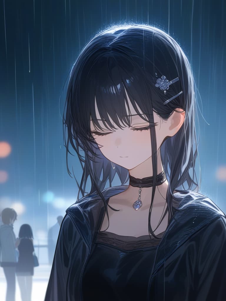   in the rain, black hair, imaginary, jit, raining, raining, tired face, night, water drips on hair, black hair, beautiful rain, face close to you, close your eyes, you want to die. i wish, pierced, hairpin, choker, black hair side tail, masterpiece, best quality,8k,ultra detailed,high resolution,an extremely delicate and beautiful,hyper detail