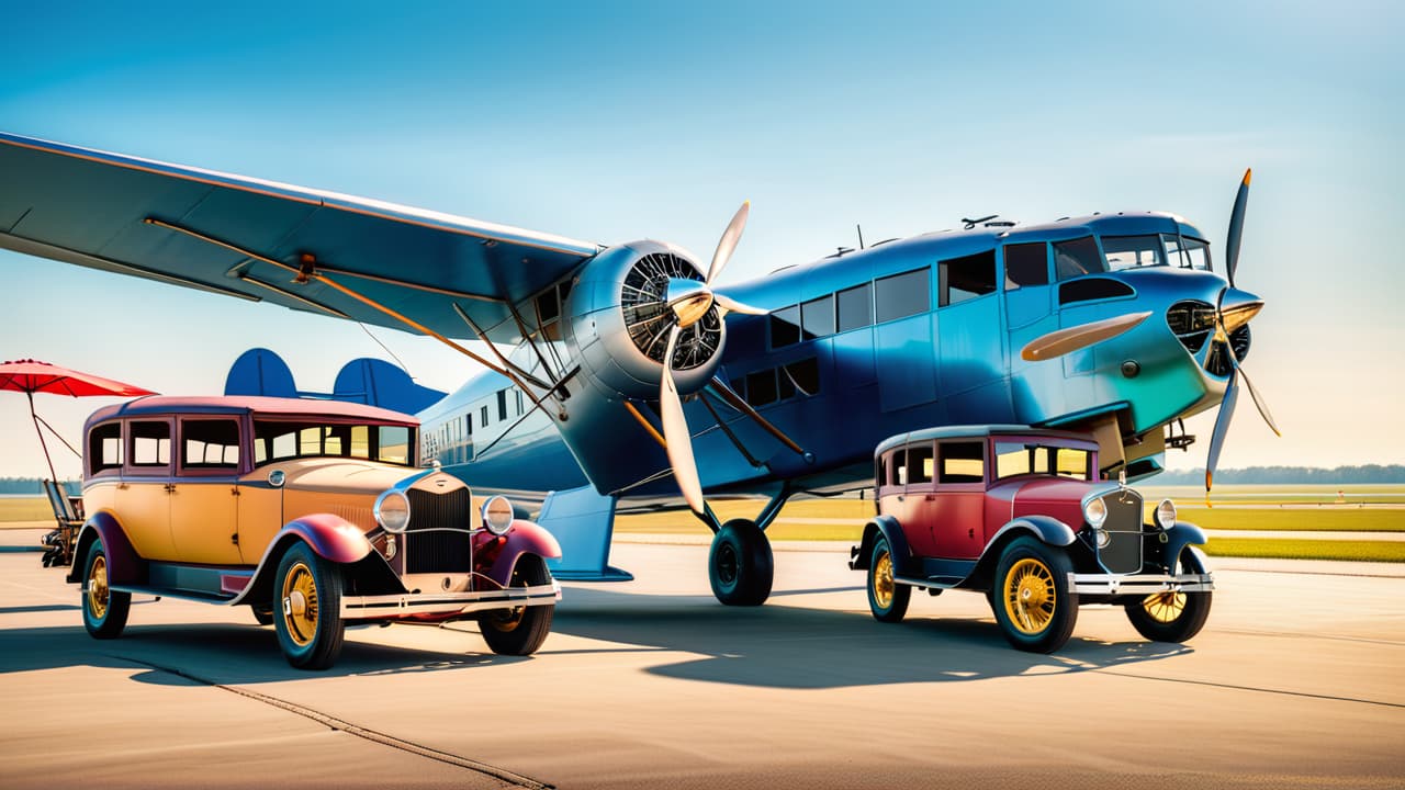  a vintage airport scene from the 1920s, showcasing early commercial airplanes like the ford trimotor on the tarmac, passengers boarding, and elegant art deco architecture in the background, all under a bright blue sky. hyperrealistic, full body, detailed clothing, highly detailed, cinematic lighting, stunningly beautiful, intricate, sharp focus, f/1. 8, 85mm, (centered image composition), (professionally color graded), ((bright soft diffused light)), volumetric fog, trending on instagram, trending on tumblr, HDR 4K, 8K