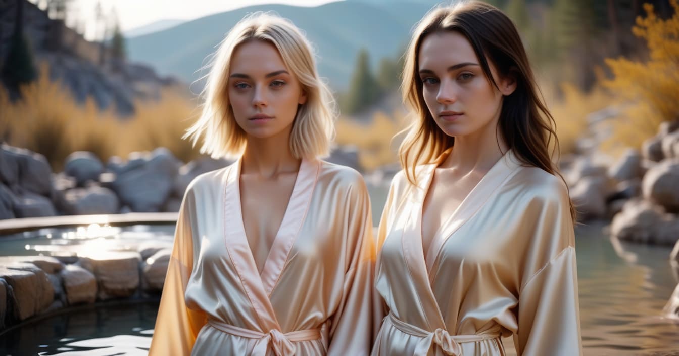  cinematic photo two girls on hot springs, in tight and short robes of silk, a blonde and a brunette. . 35mm photograph, film, bokeh, professional, 4k, highly detailed, perfecteyes, hkmagic