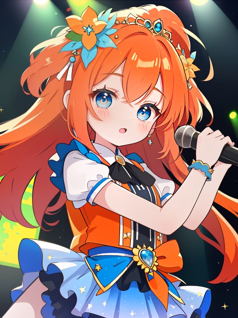  masterpiece(beautiful girl,orange hair,blue eyes,idol,stage,16k,high quality)