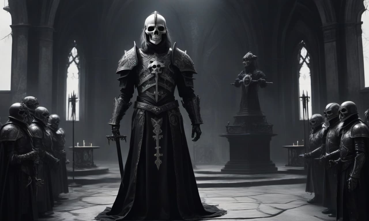  horror themed draw in black white style. the legion of the sons of night, an elite unit of knights, in a black dark universe of horrors, in iron armor with black cloaks, on their shoulder pads on the left is an engraving of an iron lion, and on the right is a white iron cross, their helmet looks like an iron skull. they stand in a black temple where candles are lit. . eerie, unsettling, dark, spooky, suspenseful, grim, highly detailed