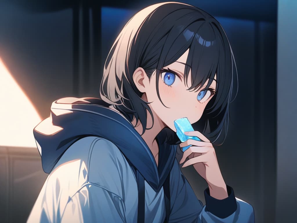  masterpiece, highest image quality, male, black hair, short hair, blue eyes, hoodie with light blue food,