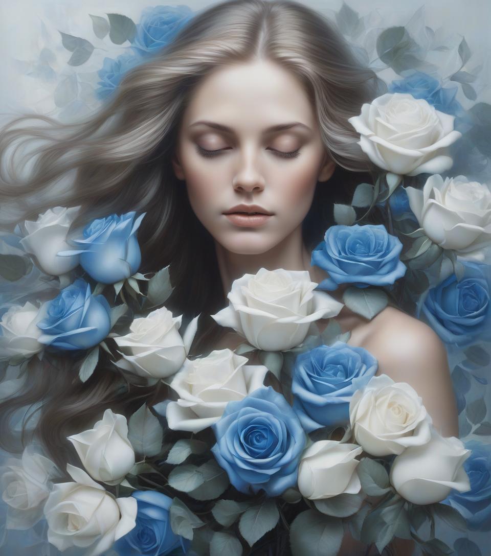  hyperrealistic art a serene woman with flowing hair holds blue and white roses, surrounded by soft light and delicate leaves, embodying grace and beauty in a captivating portrait . extremely high resolution details, photographic, realism pushed to extreme, fine texture, incredibly lifelike