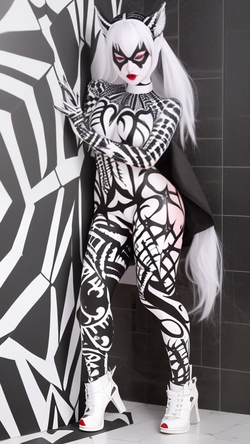  Black and White Spider-patterned body paint in every corner of the whole body, full-body, silver body paint, White face paint on the face,Dark elfs 女性