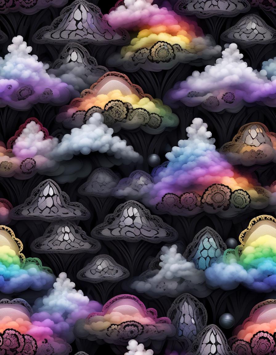  gothic style rainbow rocks surrounded by lace clouds. black plain with black balls. alienation . dark, mysterious, haunting, dramatic, ornate, detailed