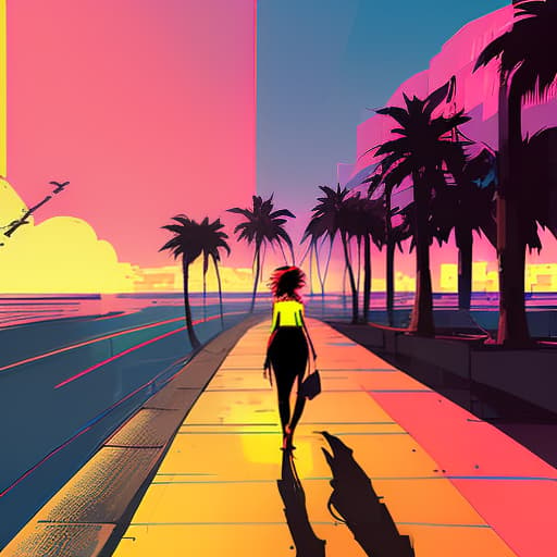 nvinkpunk a woman with bright red hair below her shoulders, wearing sunglasses, a t shirt top, with a choker around her neck, stands against a neon sunset. coast of the sea, shade of palm trees. digital photo. high detail. high realism.