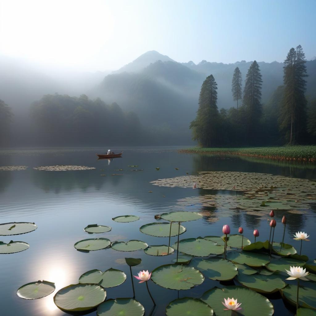  There is a forest in the distance Boat on the lake Lotuses and water lilies on the water hyperrealistic, full body, detailed clothing, highly detailed, cinematic lighting, stunningly beautiful, intricate, sharp focus, f/1. 8, 85mm, (centered image composition), (professionally color graded), ((bright soft diffused light)), volumetric fog, trending on instagram, trending on tumblr, HDR 4K, 8K