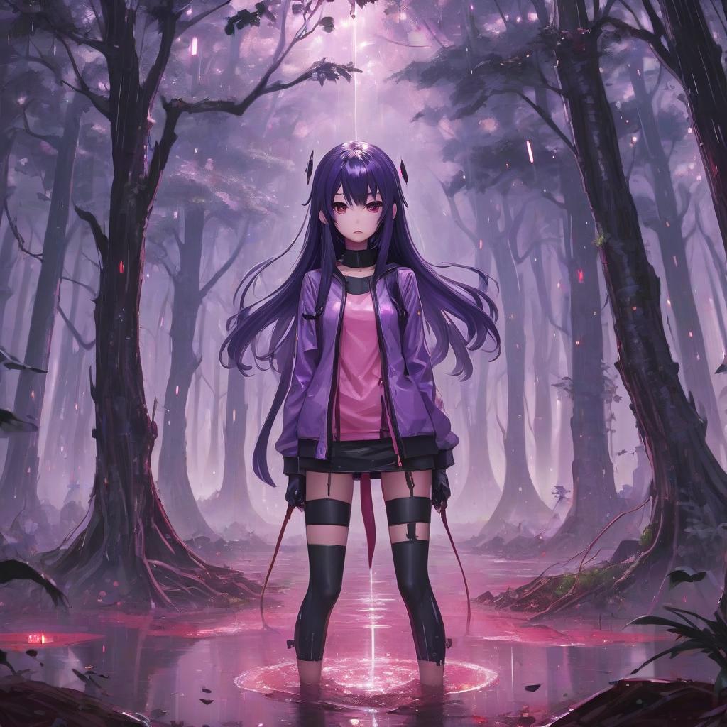  a woman standing in the middle of a forest, dark purple hair and cybernetics, nightcore, pink shadows, black goo, by maki haku, torrential rain of blood, sona, (art station), destruction around her, removed watermarks, halation, deep lighting